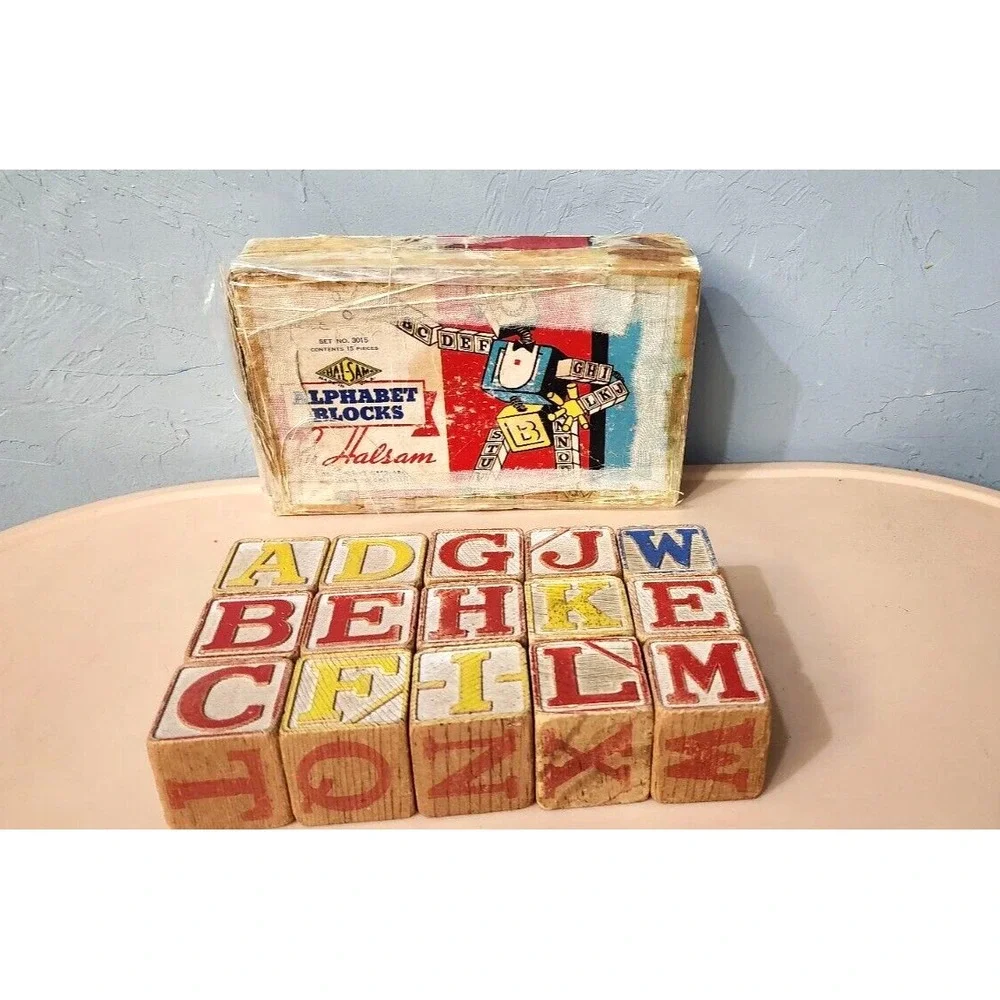 1950'S VINTAGE HALSAM ALPHABET BLOCKS IN‎ original BOX Set Of 15 Blocks #3015